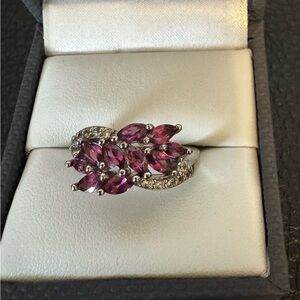 Marquise Raspberry Rhodolite & White Zircon Rhodium over Sterling Silver. Sz 7.